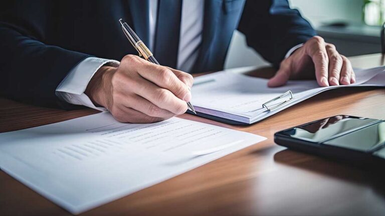 A driver reviews a car loan statement beside a damaged vehicle and auto insurance documents.